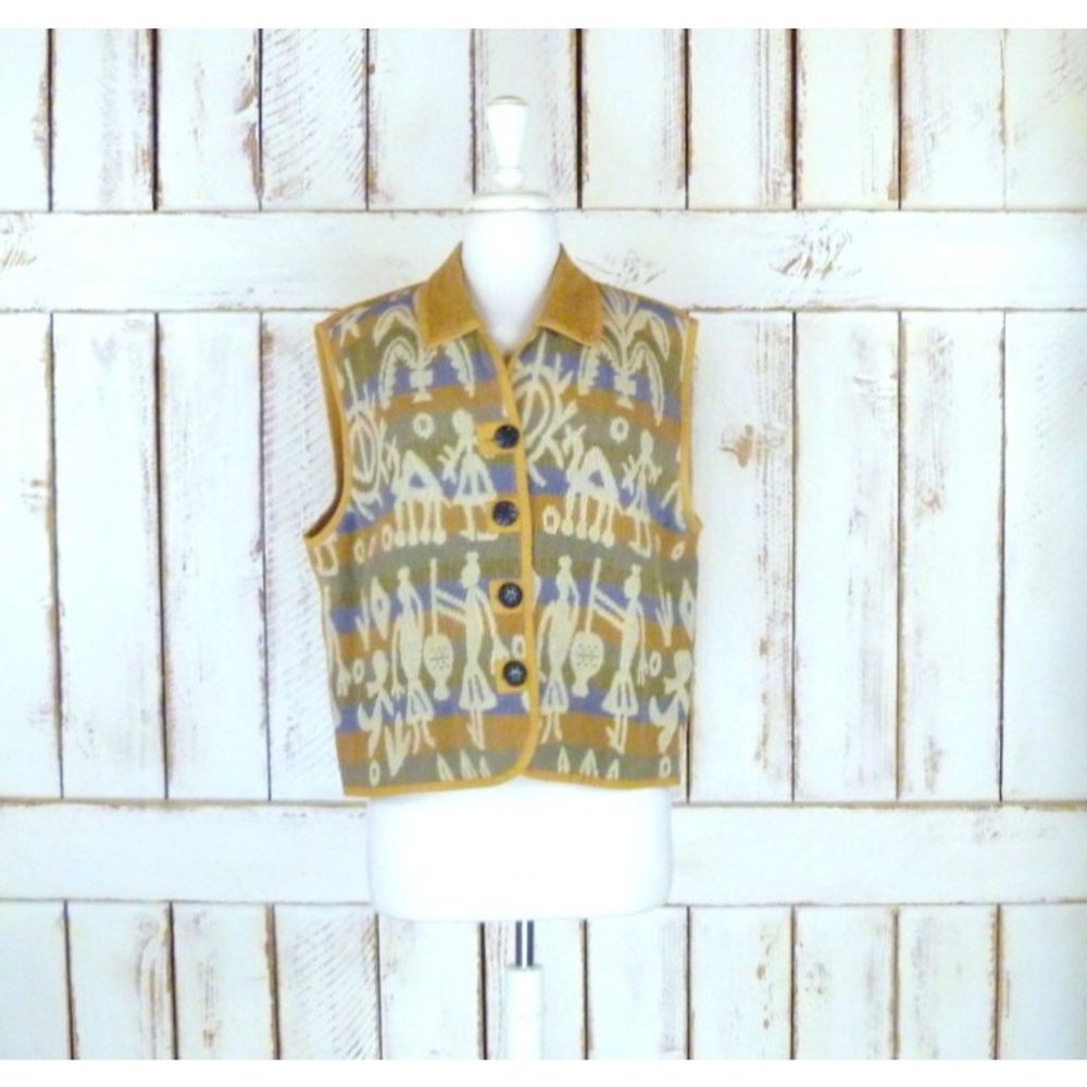 Vintage woven knit tribal print tan vest